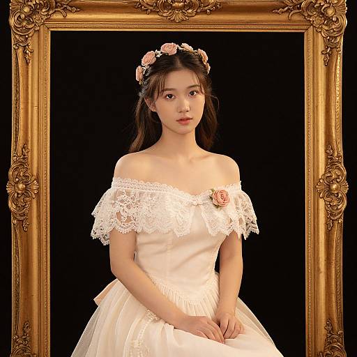 Photograph of an Asian woman with fair skin, dark hair, wearing a white off-shoulder lace wedding dress and pink flower headband, framed