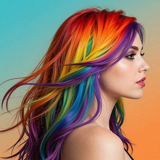 Photograph of a fair-skinned woman with vibrant rainbow hair, side profile, against a gradient blue to orange background.