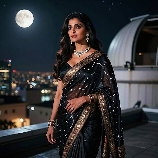 Moonlit Observatory: Astronaut in Silk Sari