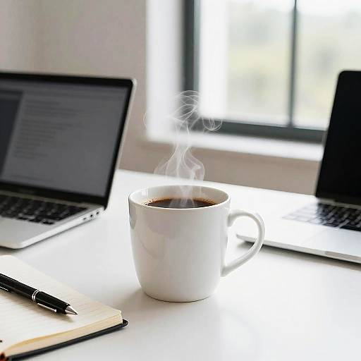 Photograph of a white ceramic coffee cup with steam, two open laptops, and a black pen on a bright window-lit desk.