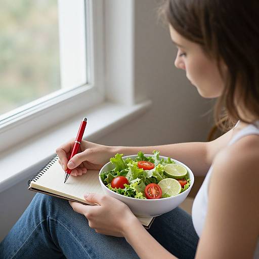 Photograph of a young woman with brown hair, wearing a white tank top, eating a fresh salad while writing in a notebook by a sunlit window