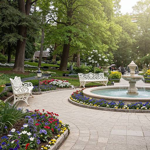 Photograph of a sunlit garden with a white ornate fountain, curved stone pathway, vibrant flower beds, and white wrought-iron benches. L