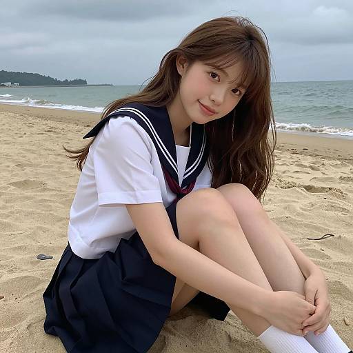 Asian Woman in Sailor School Uniform on Beach