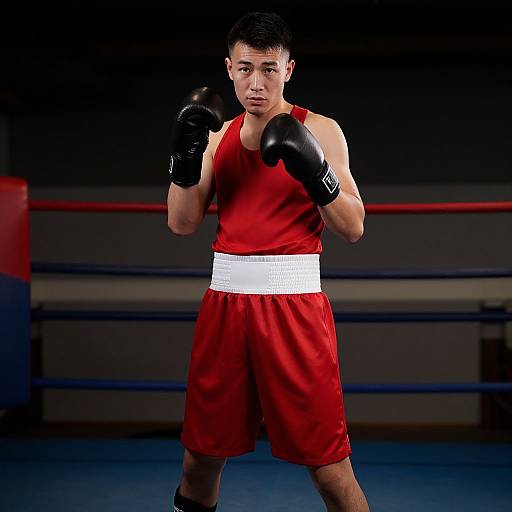 Photograph of an Asian male boxer in a red singlet and black gloves, standing in a boxing ring, ready to fight.