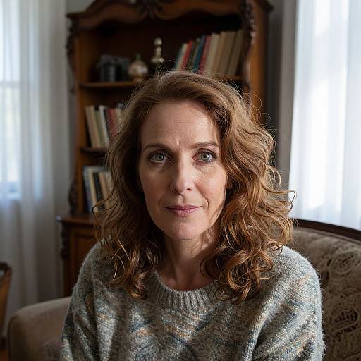 Photograph of a middle-aged woman with wavy brown hair, wearing a gray sweater, sitting in a softly lit room with a wooden bookshelf in