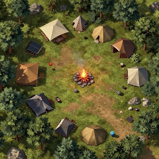 Top-down CGI of a forest campsite with six tents, a fire pit, rocks, and scattered camping gear surrounded by trees.