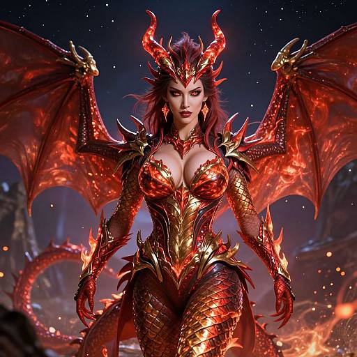 Digital art of a fierce, red-scaled, horned demoness with large wings, gold armor, and glowing eyes, standing against a starry