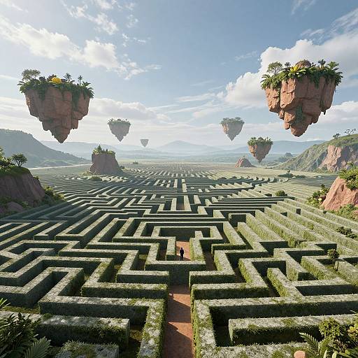Photorealistic CGI of an intricate, green maze stretching into a distant horizon, surrounded by floating, red rock islands with lush greenery. Bright,