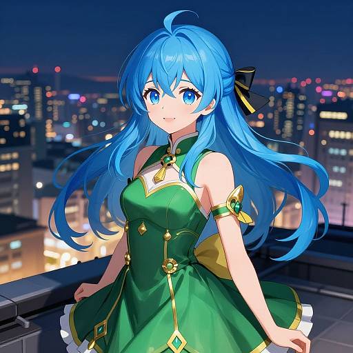 Anime-style digital illustration of a blue-haired girl with large blue eyes, wearing a green dress with gold accents, standing on a rooftop at night with a