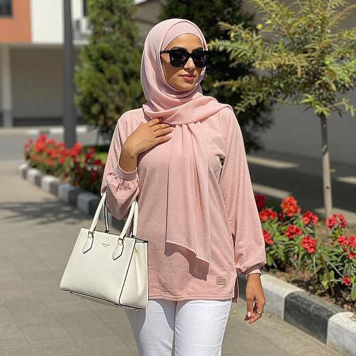 Woman in Pink Hijab on Sunny Sidewalk