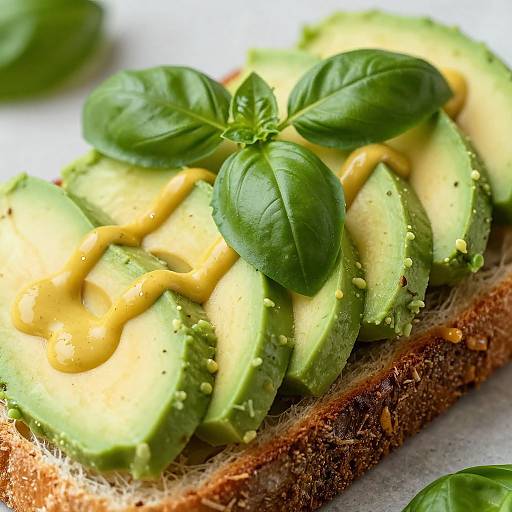 Close-up photograph of avocado slices on toasted brown bread, topped with fresh basil leaves and drizzled with yellow mustard.
