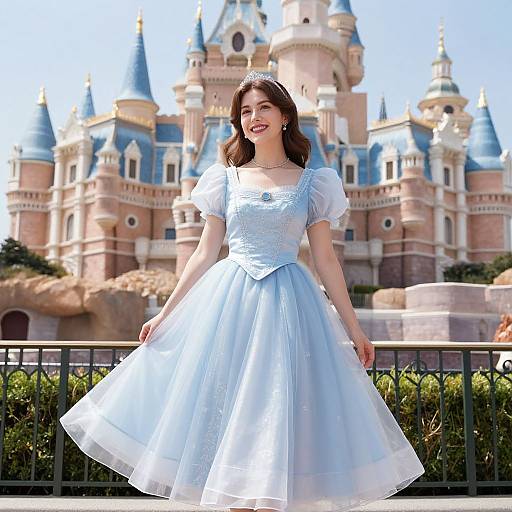 Photograph of a smiling young Asian woman in a light blue, puffed-sleeve, princess-style dress, standing in front of a fairyt