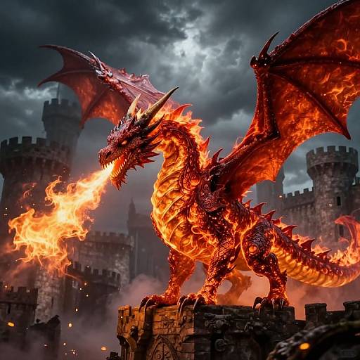 Fiery Dragon Breathing Flames Over Medieval Castle