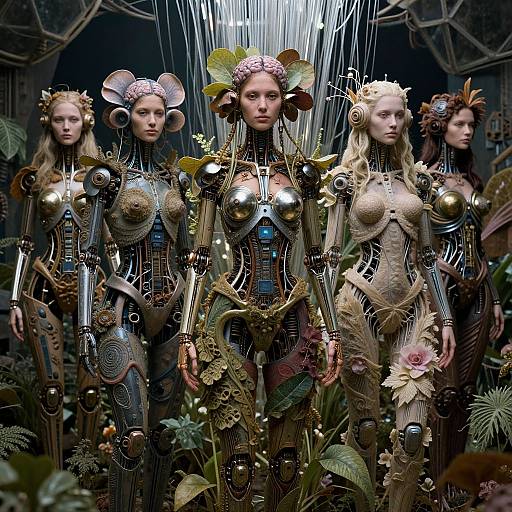 Photograph of five futuristic, cybernetic women with floral headpieces, intricate metallic armor, and natural elements, standing in a lush, dark,