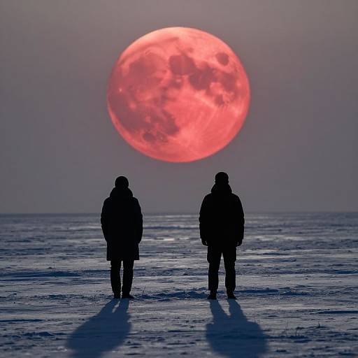 Silhouetted couple walks on icy shore at dusk, facing large, glowing red moon in the dark, purple-hued sky.