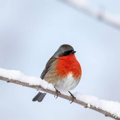 Photograph of a vibrant red-breasted bird with gray head, black eye, and white belly perched on a snow-covered branch against a bright white