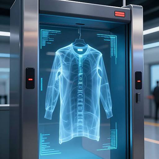 Digital hologram of a transparent, buttoned shirt displayed in a futuristic, glowing blue-lit machine. High-tech, sci-fi setting.