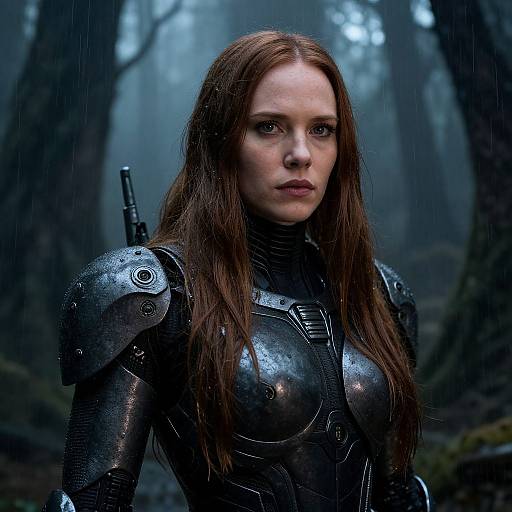 Photograph of a determined, pale-skinned woman with long brown hair in dark, metallic, armored suit standing in a misty forest.