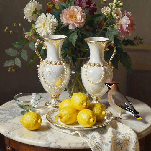 Silverpoint Still Life with Lemons and Waxwing