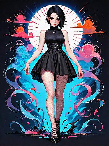 Stylish Woman in Black Edgy Dress with Fishnet Detailing