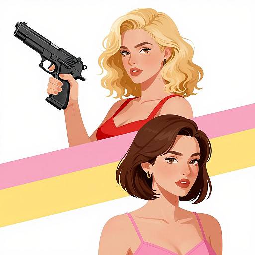 Two Women Digital Illustration with Gun and Colorful Banner