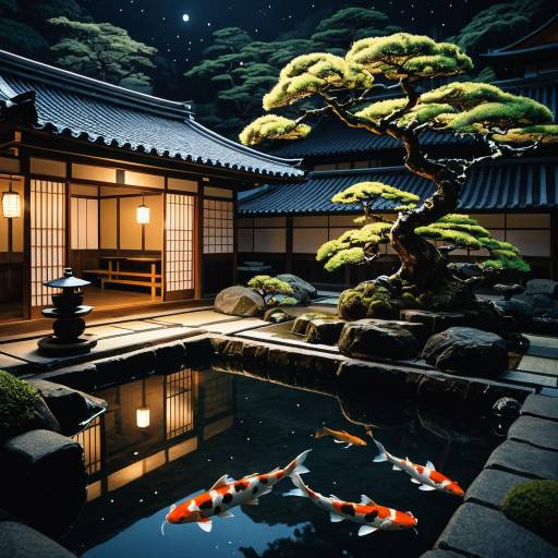 Nighttime Onsen Serenity with Koi Shadows