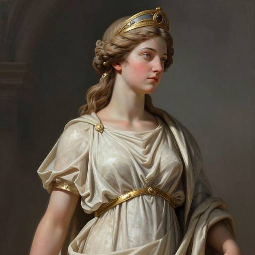 Digital painting of a young Caucasian woman with wavy brown hair, wearing a golden tiara and cream-colored, gold-banded classical Roman-style dress,