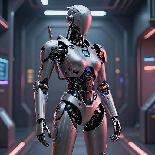 CGI image of a silver, humanoid robot with glowing blue accents, standing in a futuristic, dimly lit corridor with neon lights.