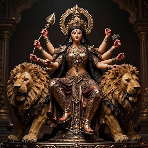 Digital art of a goddess with multiple arms, adorned in gold armor and jewelry, seated between two lions, holding weapons, in a dark, ornate
