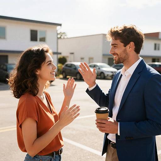 Joyful Couple in Sunlit Parking Lot