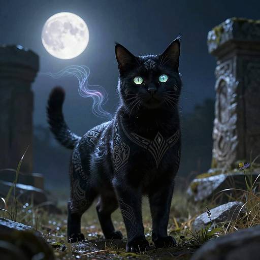Photograph of a glowing, black cat with intricate white tattoos, neon eyes, standing in a moonlit, ancient ruin with tombstones.