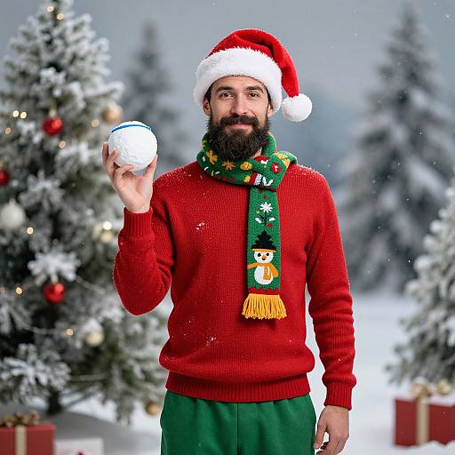 Photograph of bearded man in red sweater, green scarf, Santa hat, holding snowball, standing in snowy Christmas forest with trees.