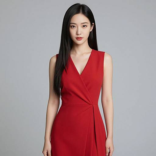 Elegant Asian Woman in Red Dress