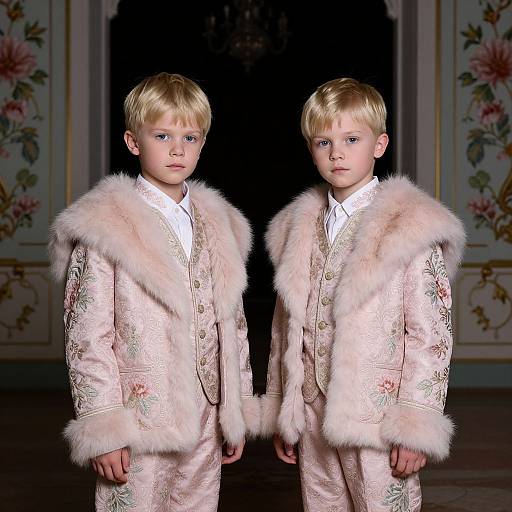 Photograph of two young blonde boys in matching pink floral suits with fur-trimmed jackets, standing side-by-side in a ornate, floral-de