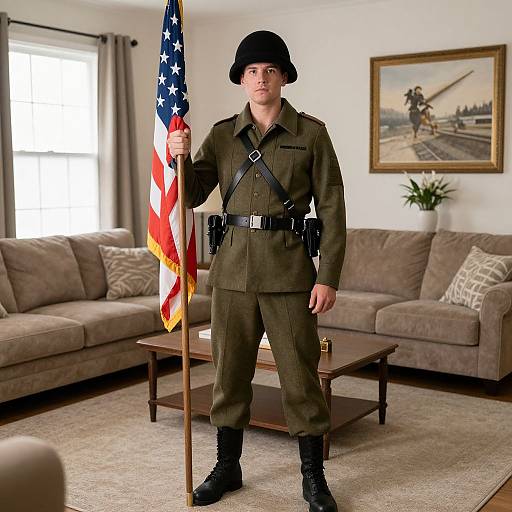 Photograph of a young white male soldier in WWII-era uniform, black helmet, holding an American flag, standing in a living room with beige couches