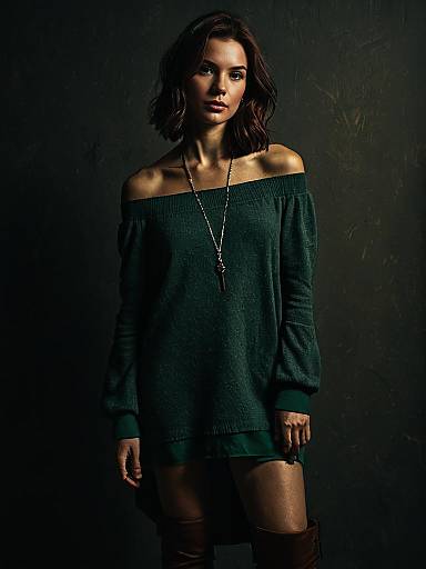 Woman in Off-Shoulder Sweater Dress and Boots