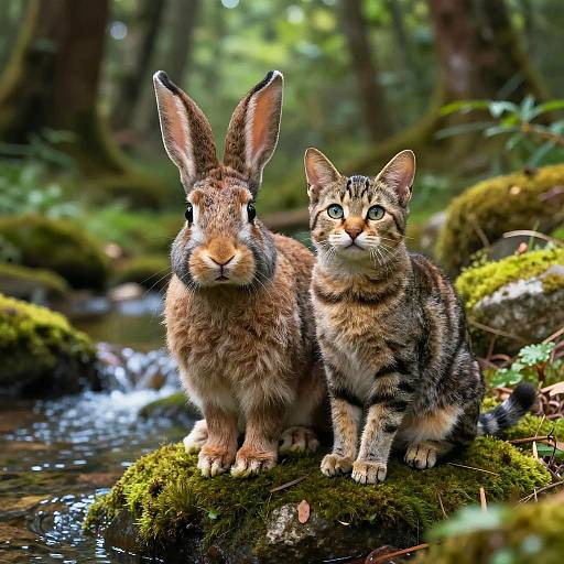 Photograph of a brown rabbit and a tabby cat sitting side by side on a mossy rock in a forest, with a small stream in the