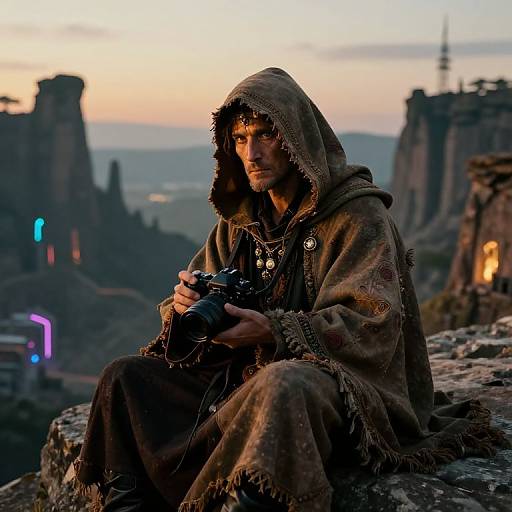 Photograph of a rugged, hooded man in tattered brown cloak, holding binoculars, sitting on rocky cliff at sunset with futuristic cityscape