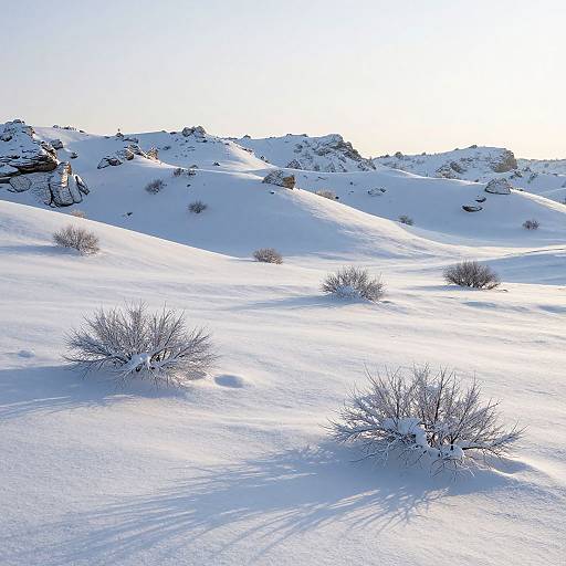 Photograph of a bright, sunlit snow-covered desert landscape with sparse, snow-covered bushes and rocky hills in the background.