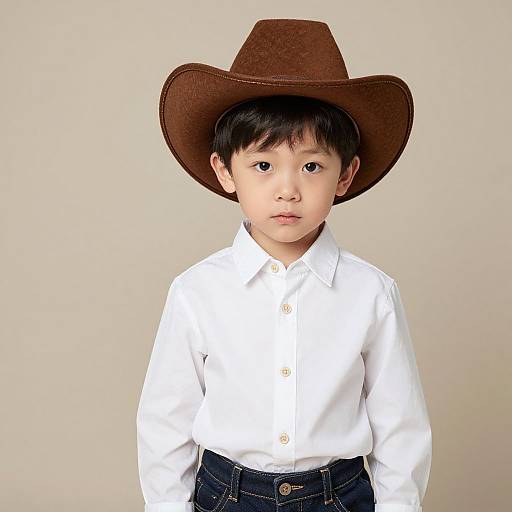 Photograph of an Asian toddler boy with short black hair, wearing a brown cowboy hat, white button-up shirt, and dark jeans, standing against a