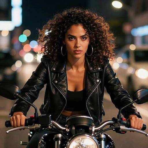 Photograph of a fierce, curly-haired woman with tan skin, wearing a black leather jacket and tank top, riding a motorcycle at night with blurred city