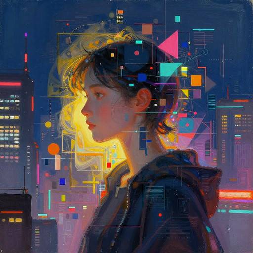 Digital artwork of a young woman with glowing yellow hair in a cyberpunk city, wearing a hoodie, surrounded by neon lights and geometric patterns. Vibrant