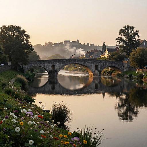 Photograph of a quaint, sunlit village with a stone arch bridge over a reflective river, surrounded by lush flowers and misty hills.