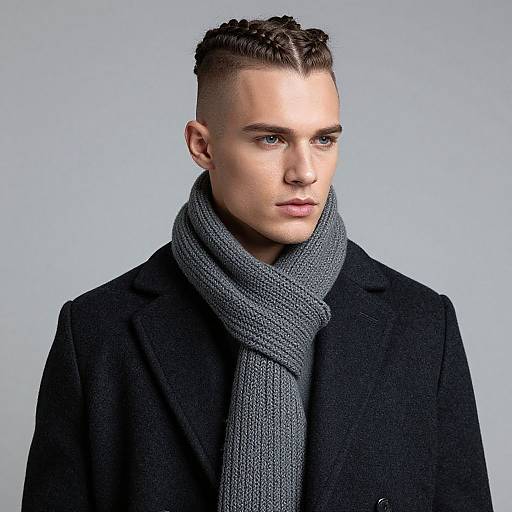 Photograph of a young, handsome Caucasian man with short, styled brown hair, wearing a black coat and gray knitted scarf, against a light gray