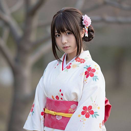 Photograph of a young Japanese woman in a white floral kimono with red obi and yellow belt, hair in a bun with pink flower, standing