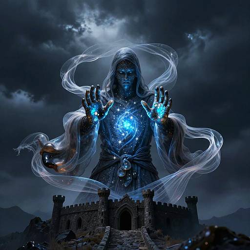 Digital artwork of a blue glowing, ethereal figure with flowing hair, hands outstretched, standing before a dark, castle-like fortress under a storm