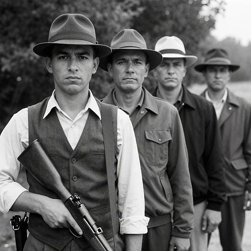 Serious Men in Line with Rifles