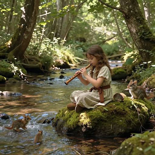 Photograph of a young girl with long brown hair playing a flute on a mossy rock in a sunlit forest stream, surrounded by rabbits.