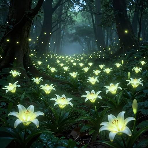 Photograph-style digital art of a mystical forest at night, glowing white lilies illuminating the path, surrounded by floating fireflies.