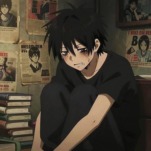 Somber Ugly Anime Boy in Clutter